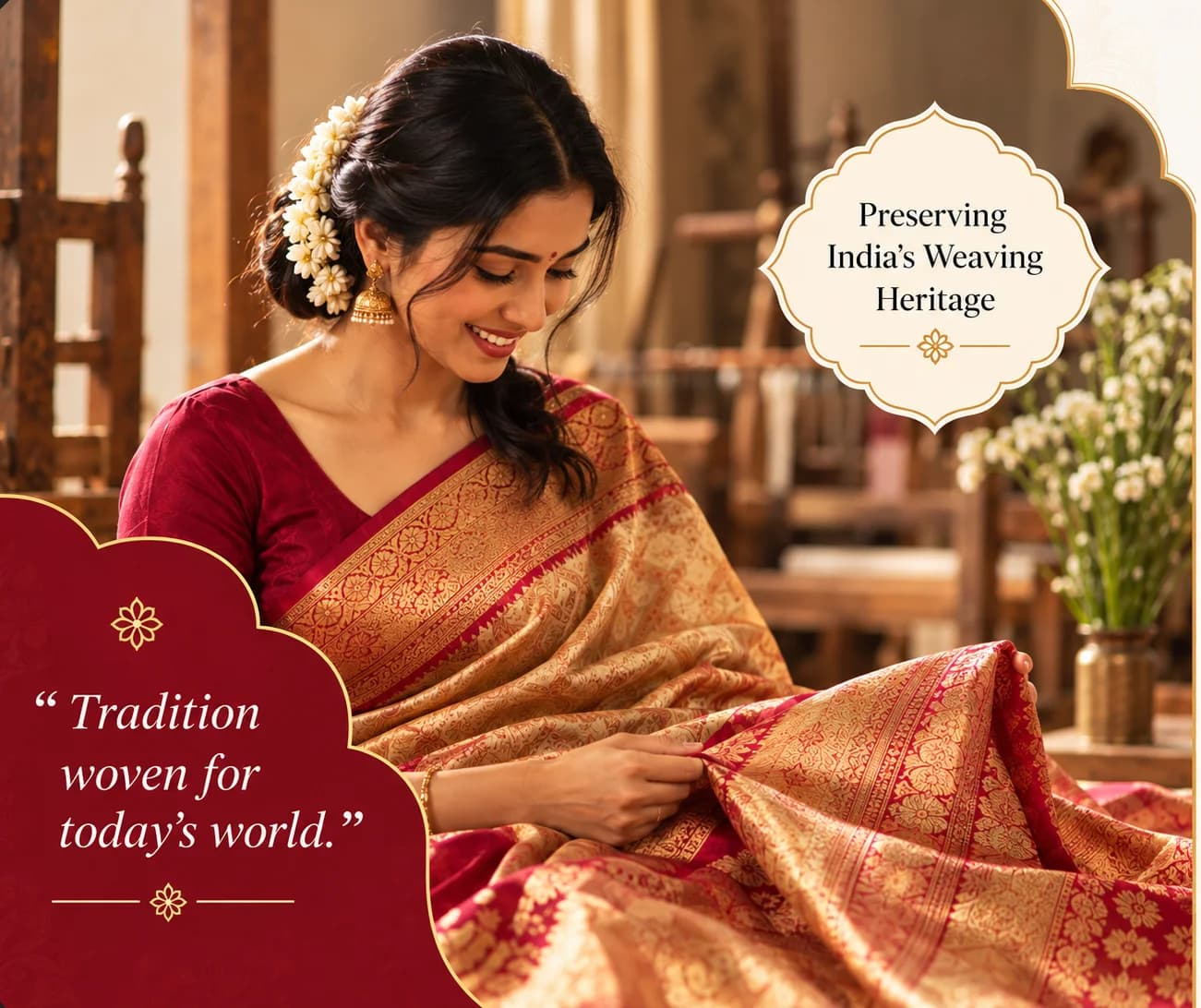 Artisan admiring a handwoven silk saree