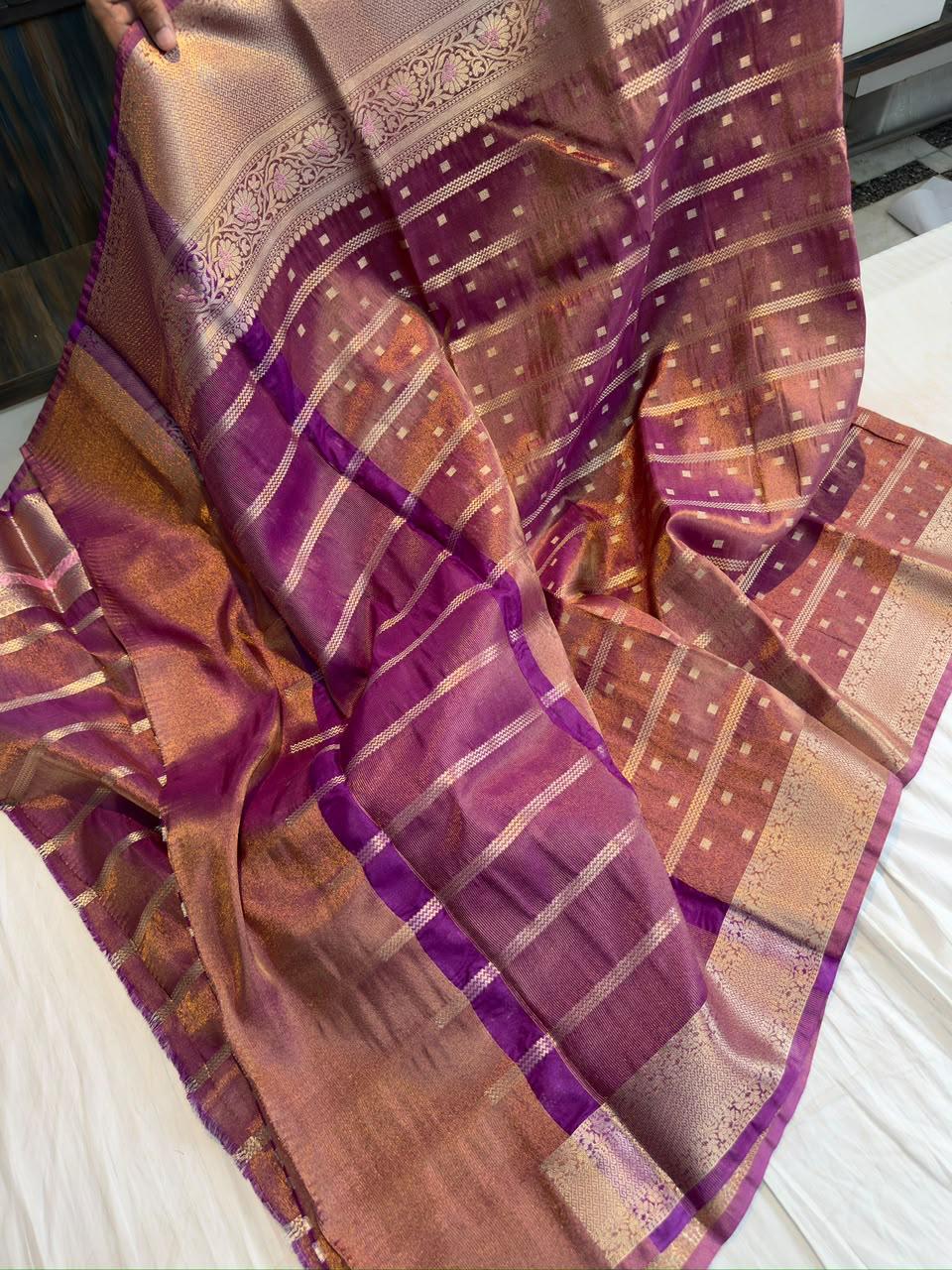Wine Purple Metallic Tissue Banarasi Saree with Zari Butti & Floral Alfi Border | Soft Shiny Banarasi Tissue Saree with Contrast Pallu & Running Blo
