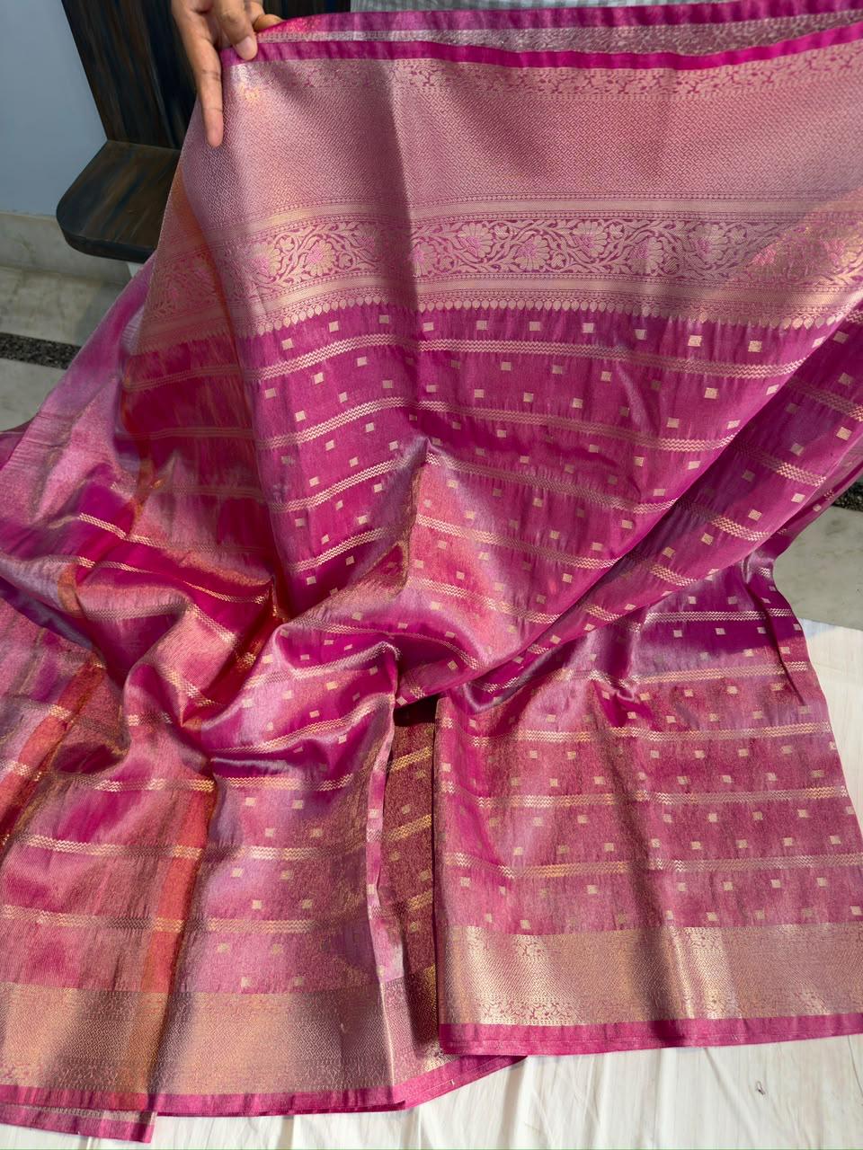 Pink Metallic Tissue Banarasi Saree with Zari Butti & Floral Alfi Border | Soft Shiny Banarasi Tissue Saree with Contrast Pallu & Running Blouse