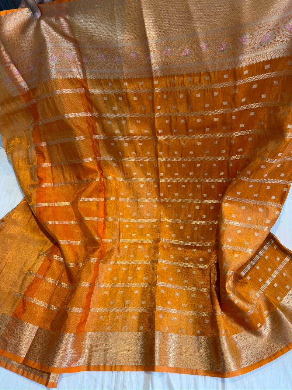 Orange Metallic Tissue Banarasi Saree with Zari Butti & Alfi Border | Soft Shiny Banarasi Tissue Saree with Contrast Pallu & Running Blouse