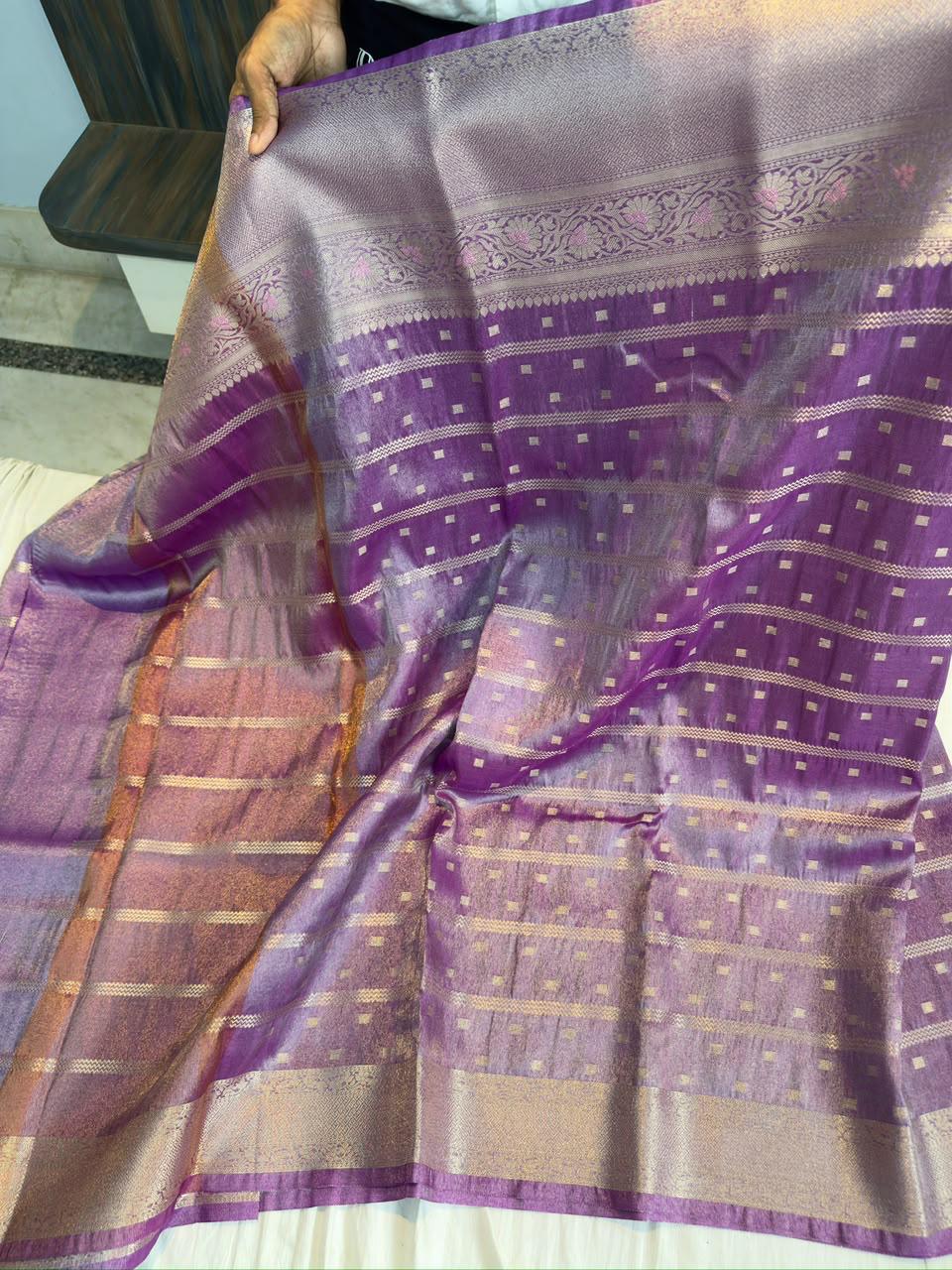 Purple Metallic Tissue Banarasi Saree with Zari Butti & Alfi Border | Soft Shiny Banarasi Tissue Saree with Contrast Pallu & Running Blouse