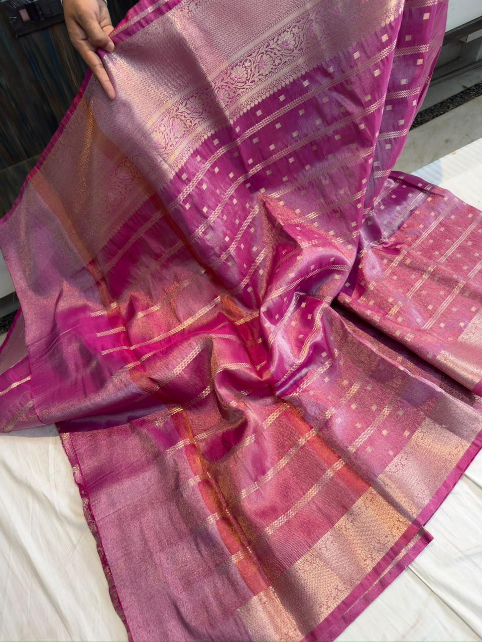 Pink Metallic Tissue Banarasi Saree with Zari Butti & Floral Alfi Border | Soft Shiny Banarasi Tissue Saree with Contrast Pallu & Running Blouse