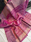 Pink Metallic Tissue Banarasi Saree with Zari Butti & Floral Alfi Border | Soft Shiny Banarasi Tissue Saree with Contrast Pallu & Running Blouse