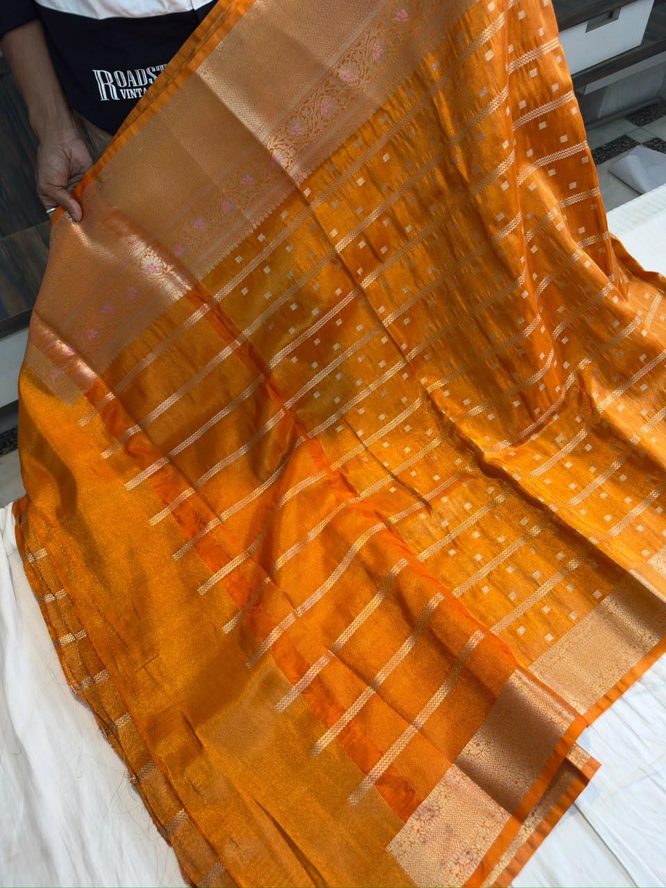 Orange Metallic Tissue Banarasi Saree with Zari Butti & Alfi Border | Soft Shiny Banarasi Tissue Saree with Contrast Pallu & Running Blouse