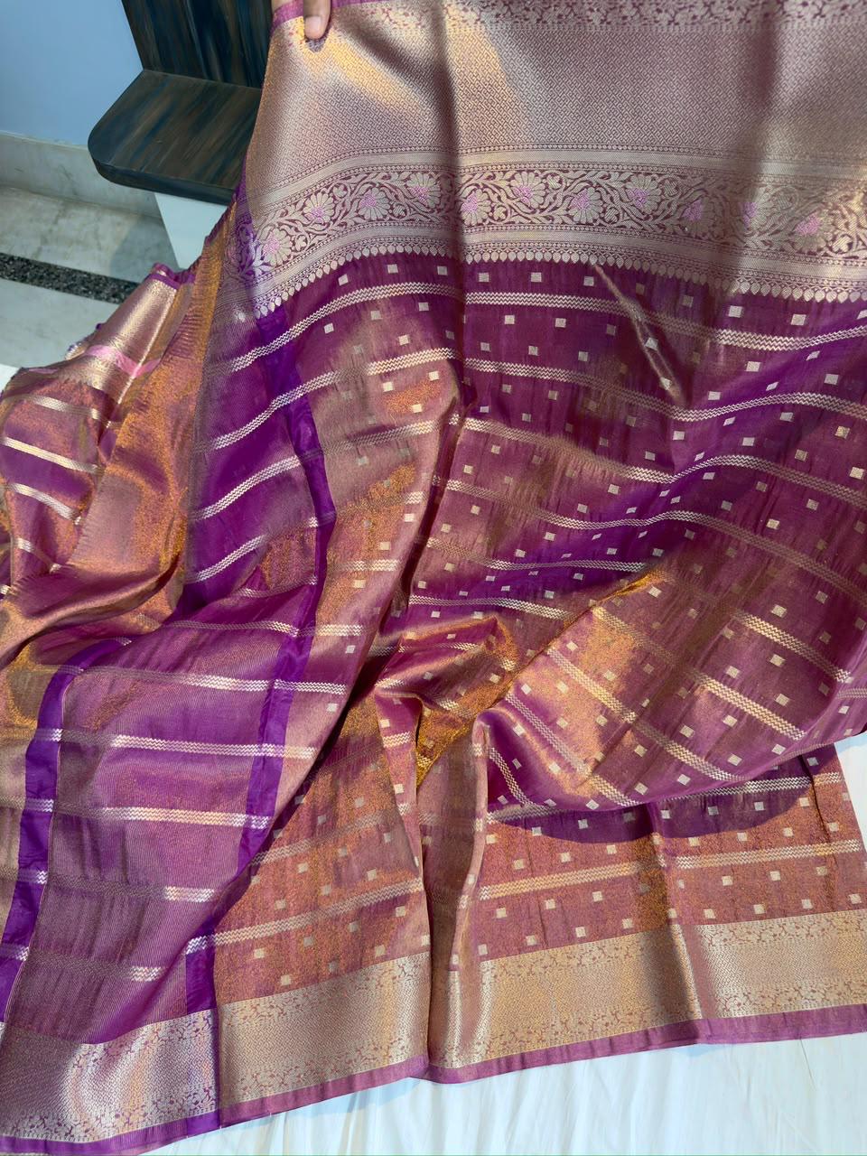 Wine Purple Metallic Tissue Banarasi Saree with Zari Butti & Floral Alfi Border | Soft Shiny Banarasi Tissue Saree with Contrast Pallu & Running Blo
