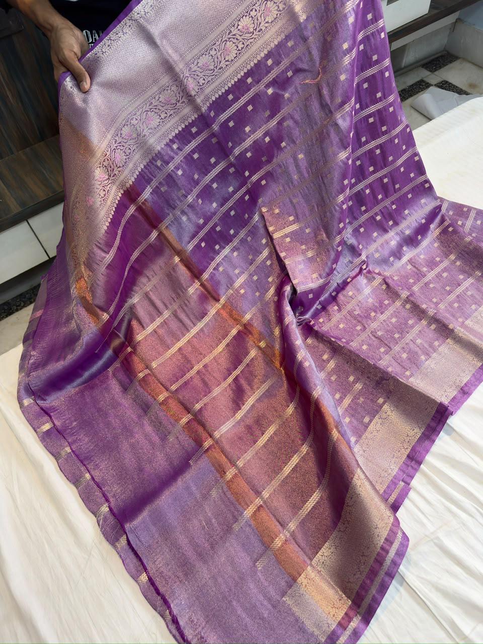 Purple Metallic Tissue Banarasi Saree with Zari Butti & Alfi Border | Soft Shiny Banarasi Tissue Saree with Contrast Pallu & Running Blouse
