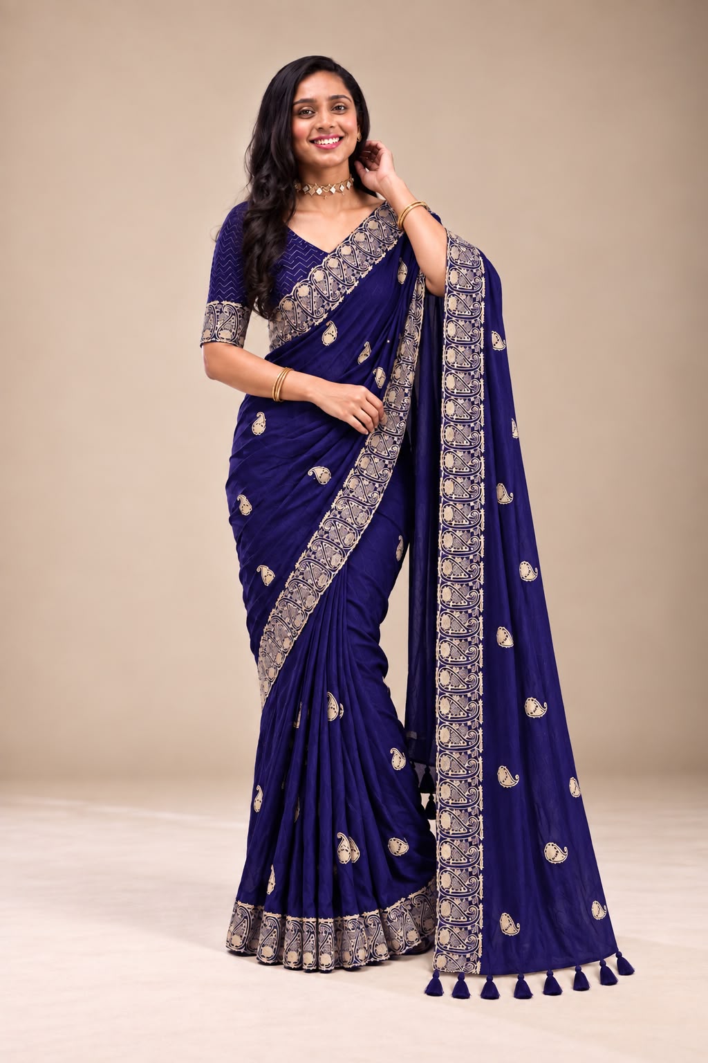 Navy Blue Designer Saree with Zari Paisley Border & Butti Work | Elegant Party Wear Saree with Tassel Pallu & Designer Blouse