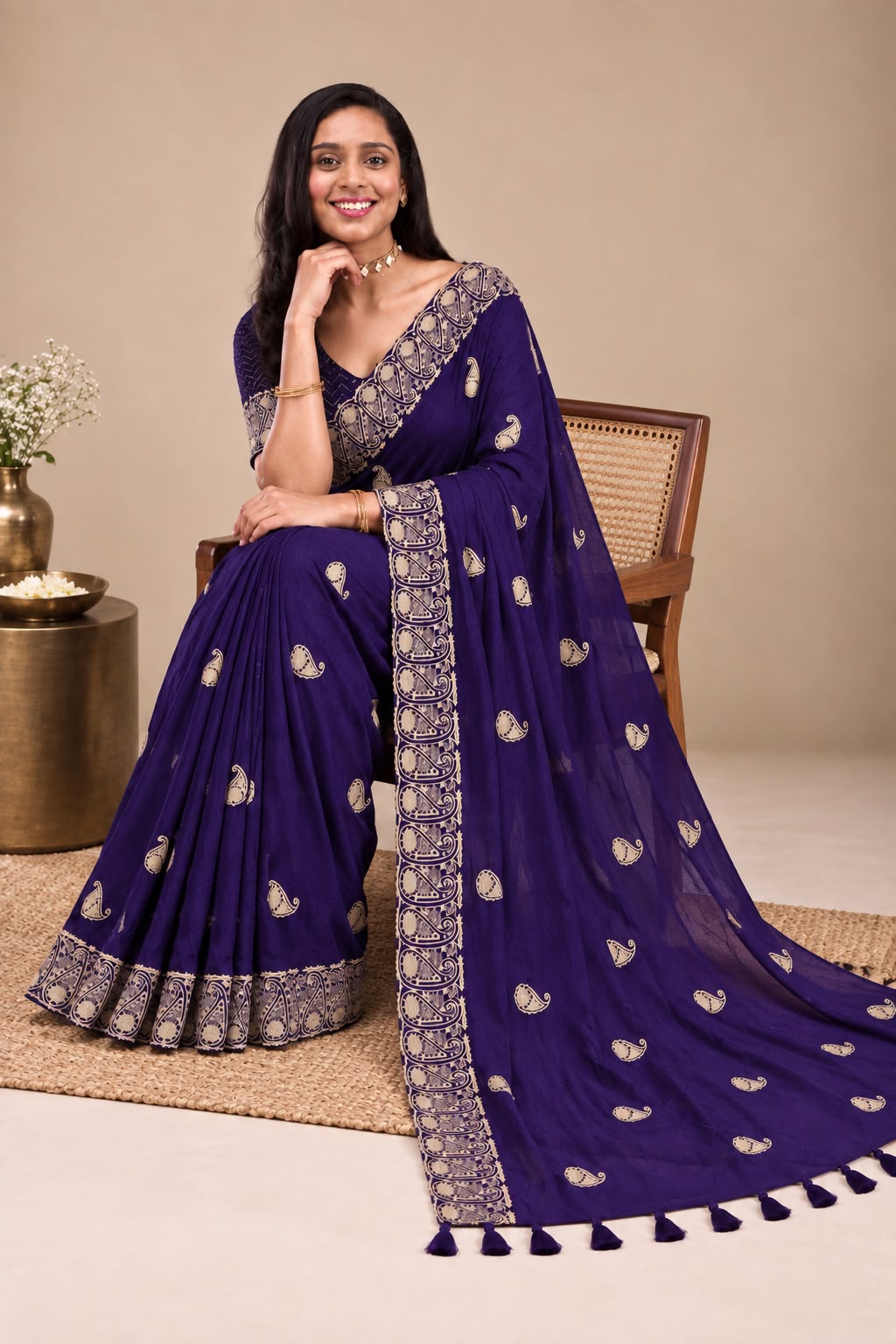 Navy Blue Designer Saree with Zari Paisley Border & Butti Work | Elegant Party Wear Saree with Tassel Pallu & Designer Blouse