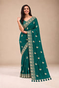 Teal Green Designer Saree with Gold Zari Paisley Border & Butti Work | Elegant Festive Saree with Tassel Pallu & Traditional Zari Detailing